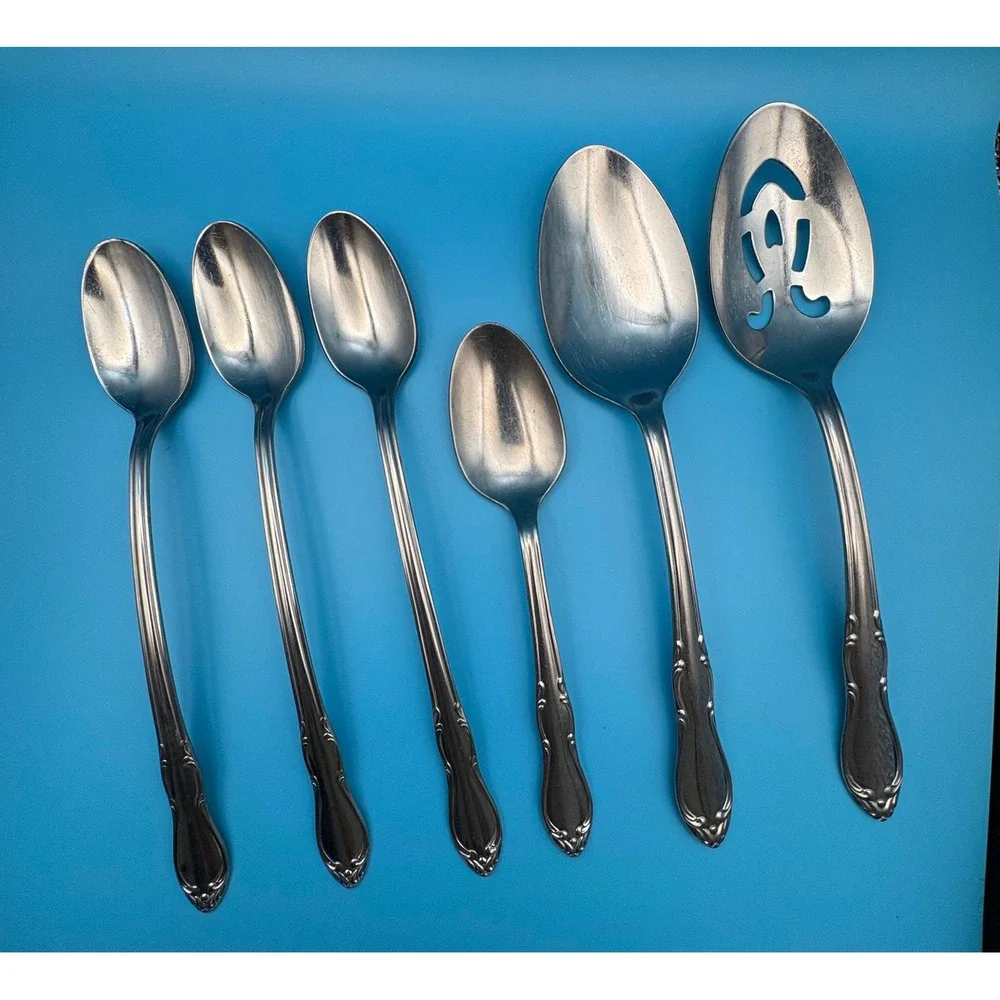 Oneida Simeon L George H Rogers Homestead Stainless Flatware 6 Pc Serving Silver